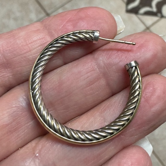 David Yurman 18k & SS Twist Hoop Earrings - Silver cable inside 18k outside - Picture 5 of 11